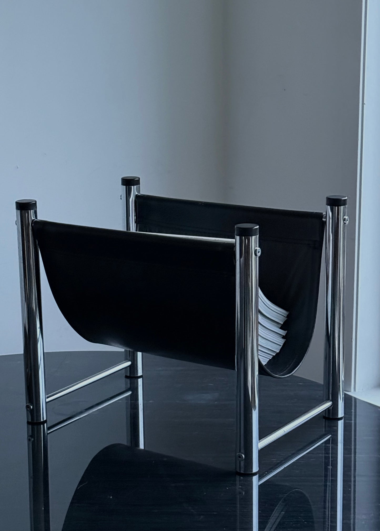 1970s MCM CHROME & FAUX LEATHER MAGAZINE HOLDER