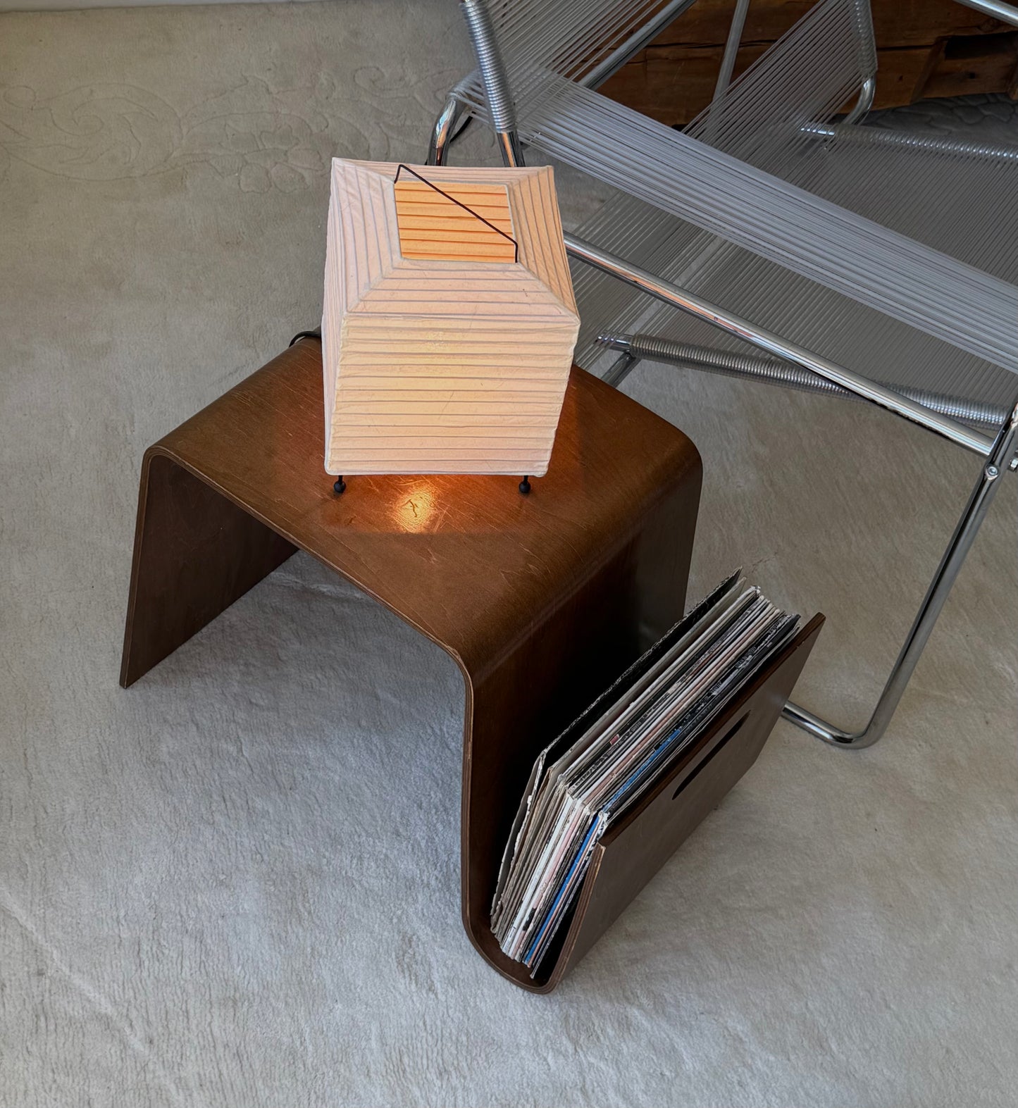 BENT PLYWOOD SIDE TABLE WITH MAGAZINE HOLDER, C.1990s