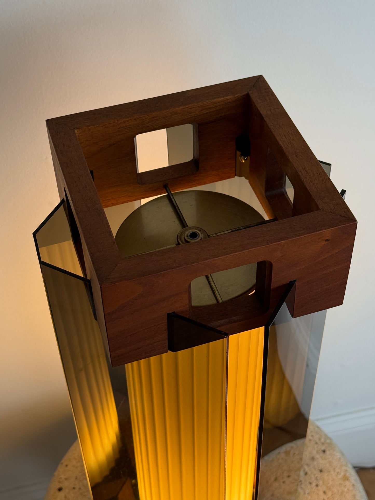 1970s MCM TEAK & SMOKY LUCITE LAMP