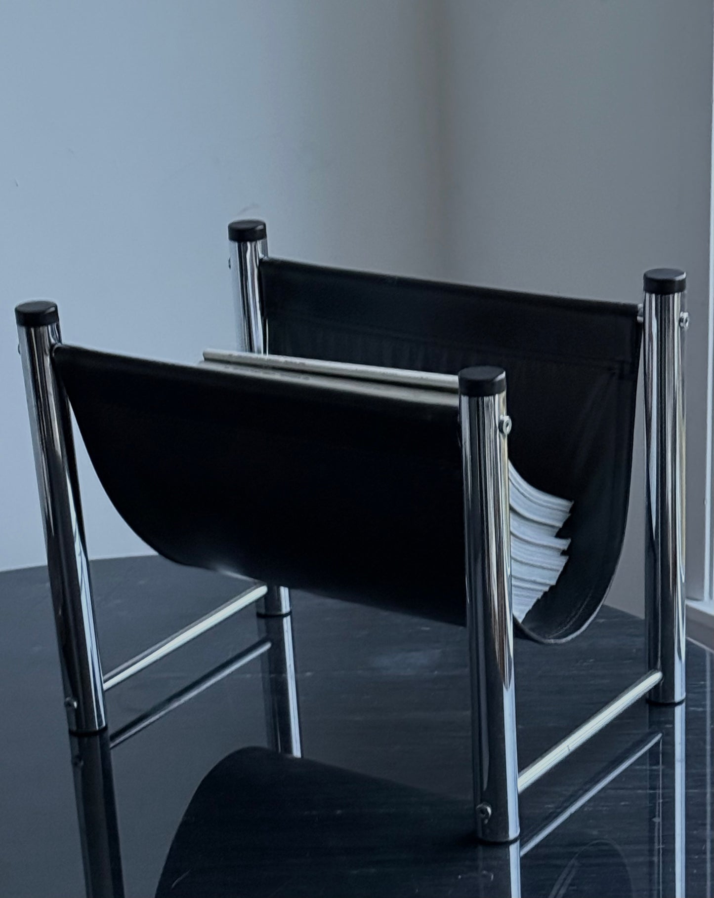 1970s MCM CHROME & FAUX LEATHER MAGAZINE HOLDER