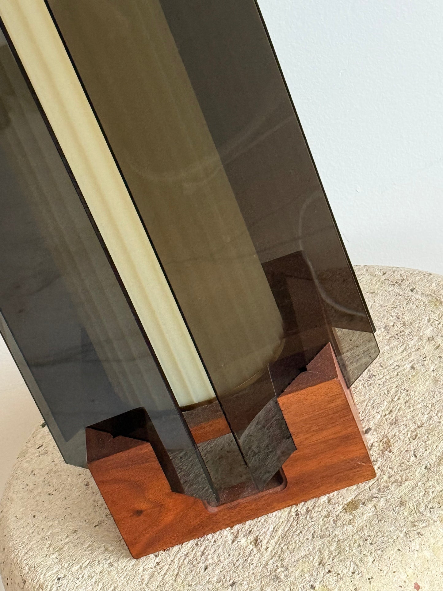 1970s MCM TEAK & SMOKY LUCITE LAMP