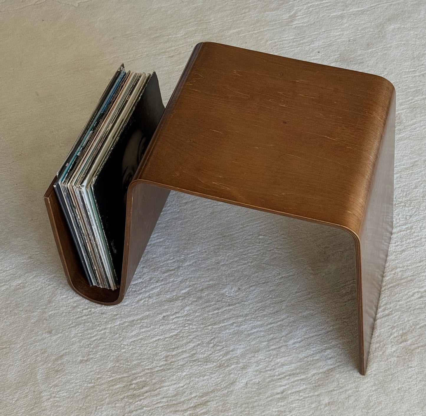 BENT PLYWOOD SIDE TABLE WITH MAGAZINE HOLDER, C.1990s