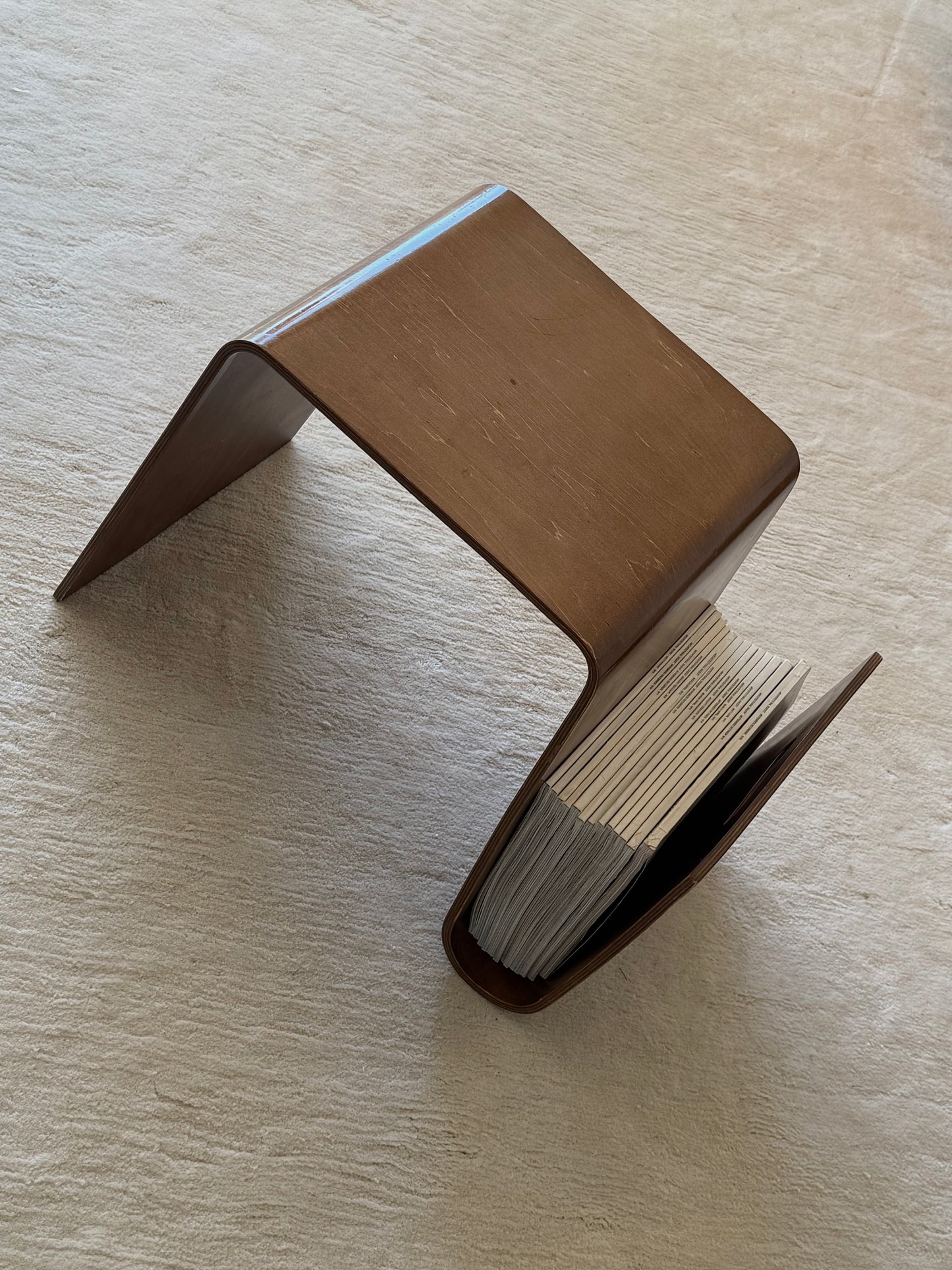 BENT PLYWOOD SIDE TABLE WITH MAGAZINE HOLDER, C.1990s