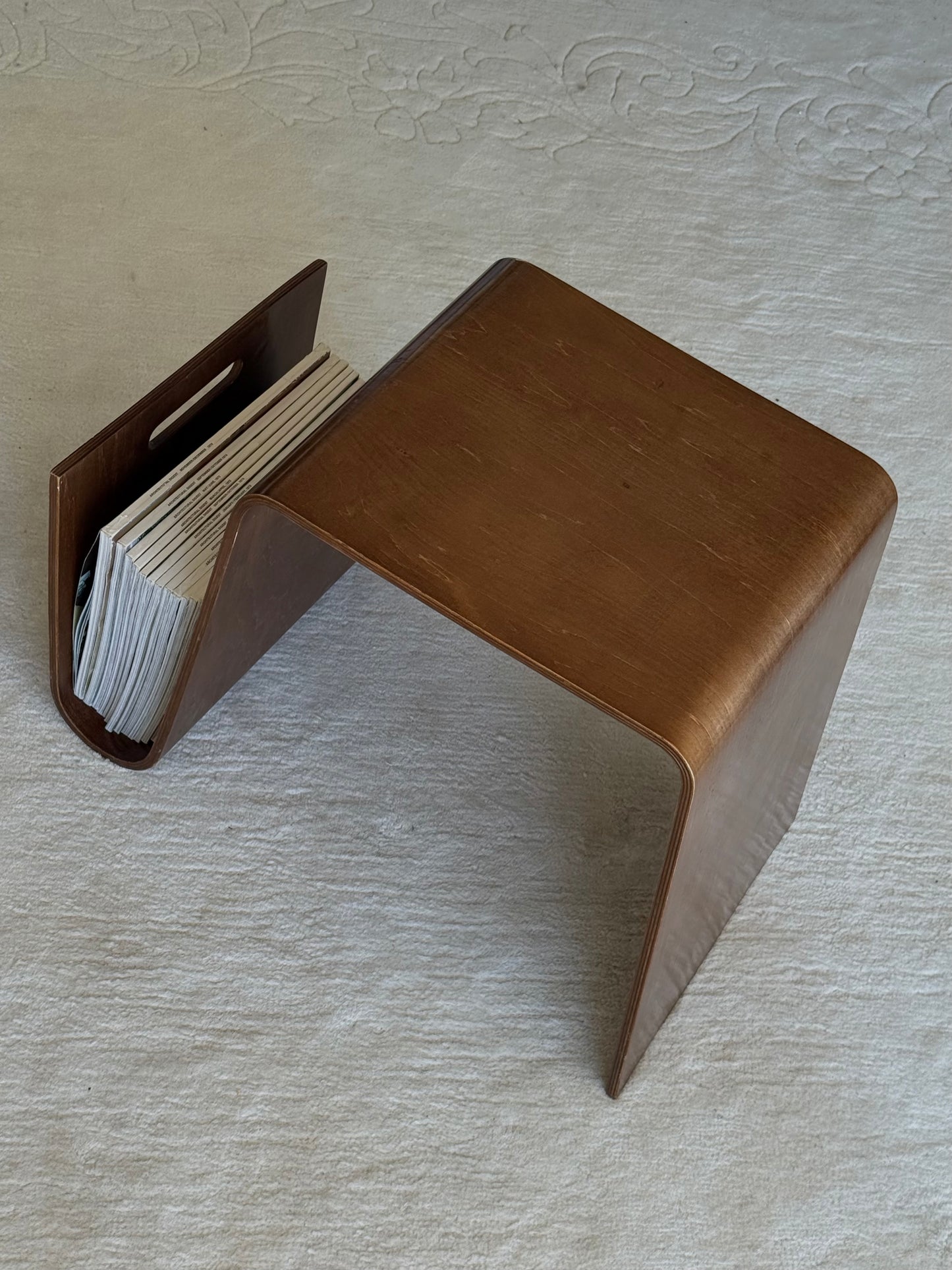 BENT PLYWOOD SIDE TABLE WITH MAGAZINE HOLDER, C.1990s