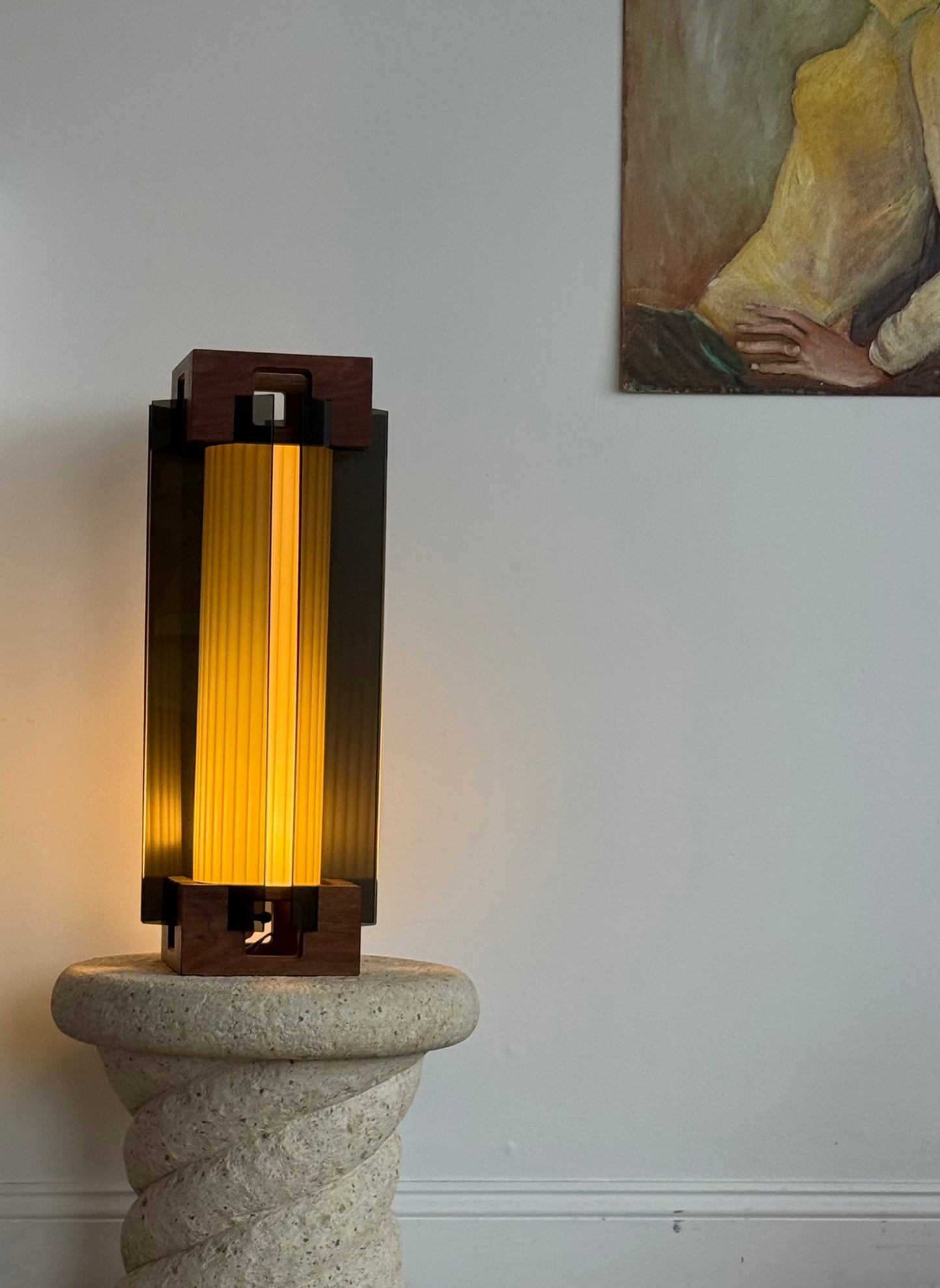 1970s MCM TEAK & SMOKY LUCITE LAMP