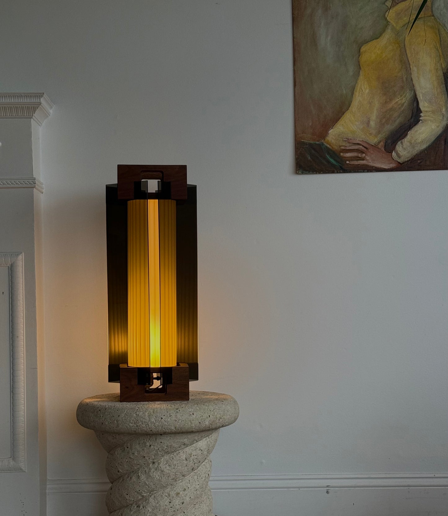 1970s MCM TEAK & SMOKY LUCITE LAMP