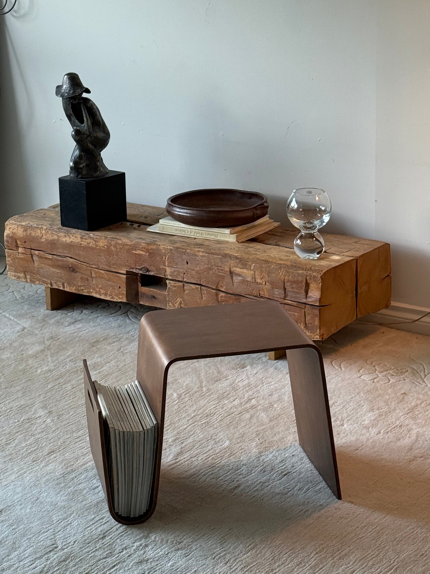 BENT PLYWOOD SIDE TABLE WITH MAGAZINE HOLDER, C.1990s