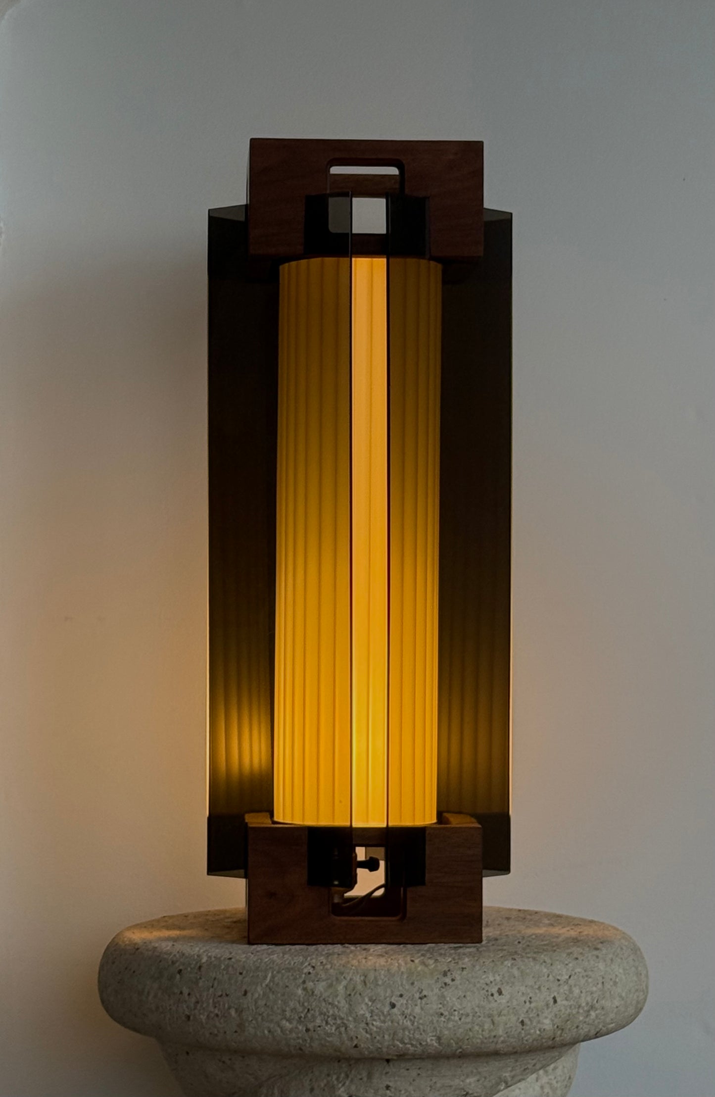 1970s MCM TEAK & SMOKY LUCITE LAMP