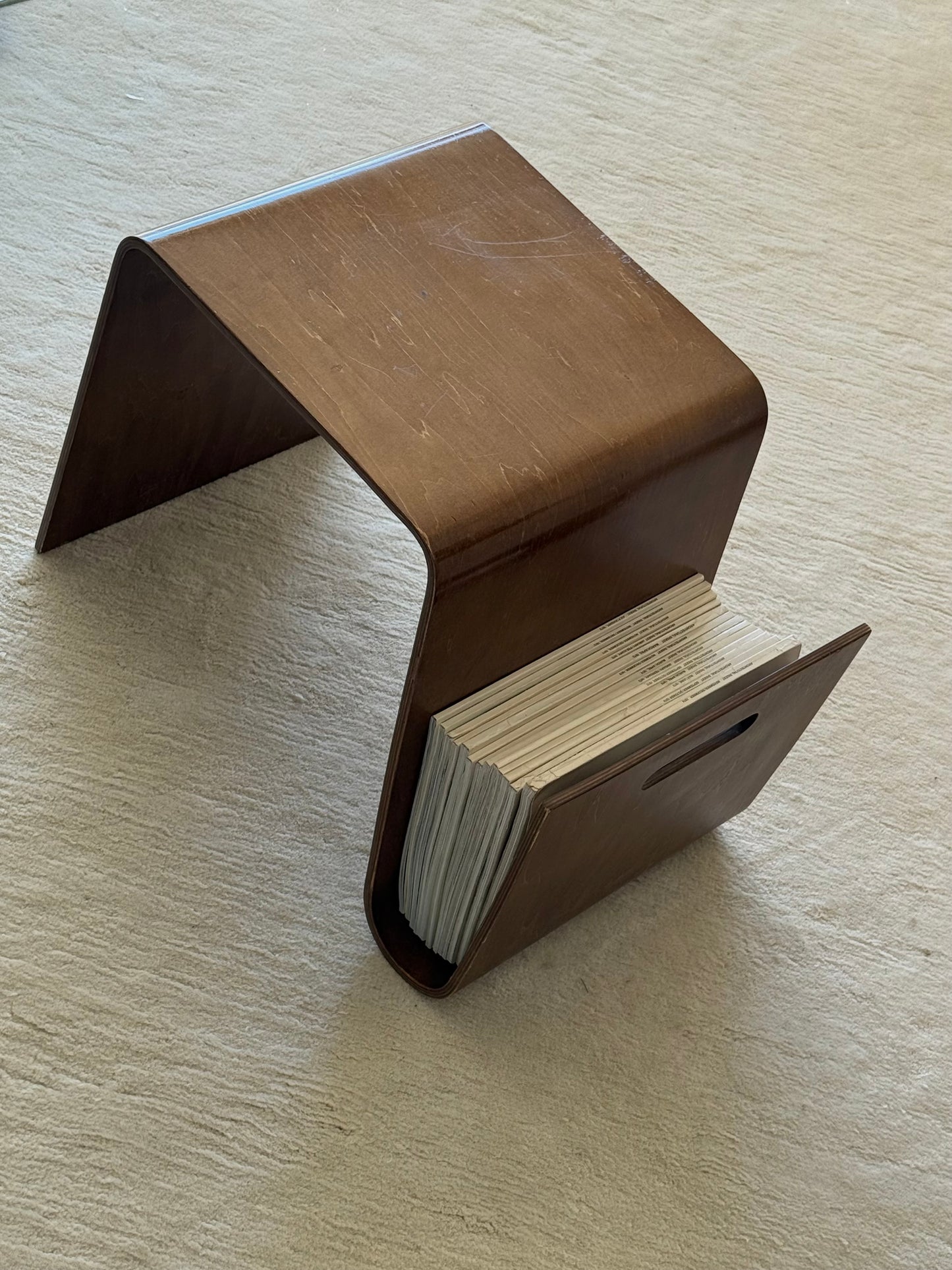 BENT PLYWOOD SIDE TABLE WITH MAGAZINE HOLDER, C.1990s