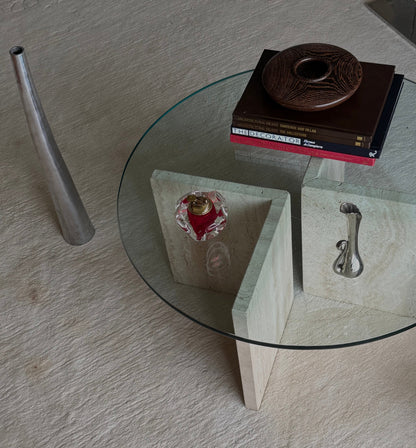 TRAVERTINE & GLASS COFFEE TABLE