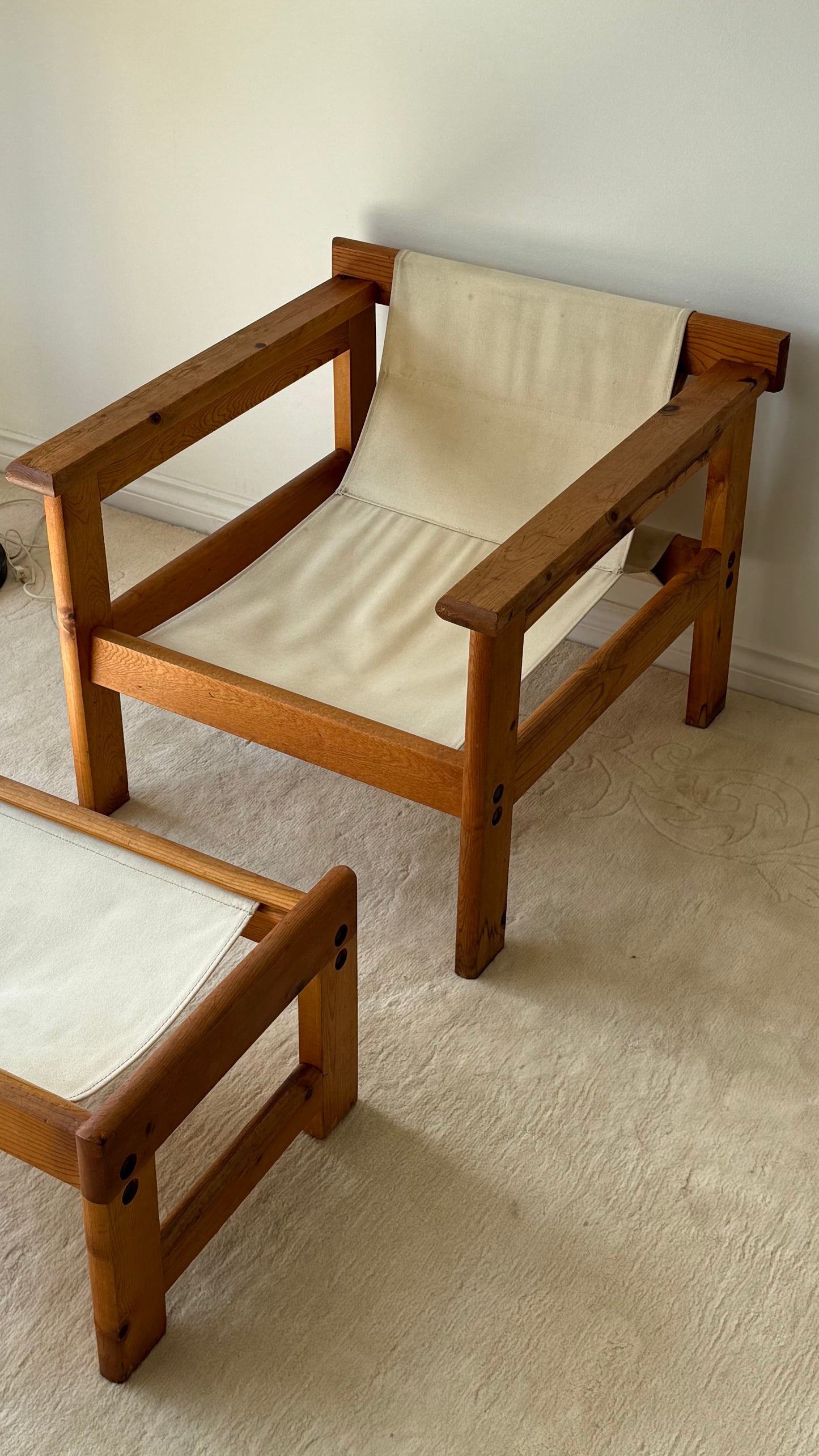 VINTAGE CANVAS & WOOD SLING CHAIR & OTTOMAN