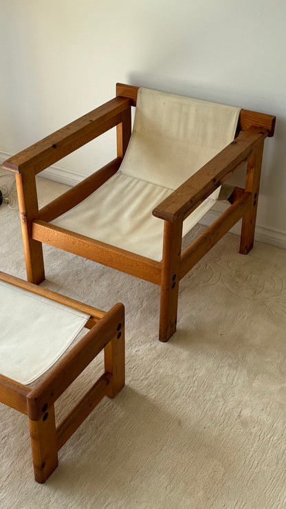 VINTAGE CANVAS & WOOD SLING CHAIR & OTTOMAN