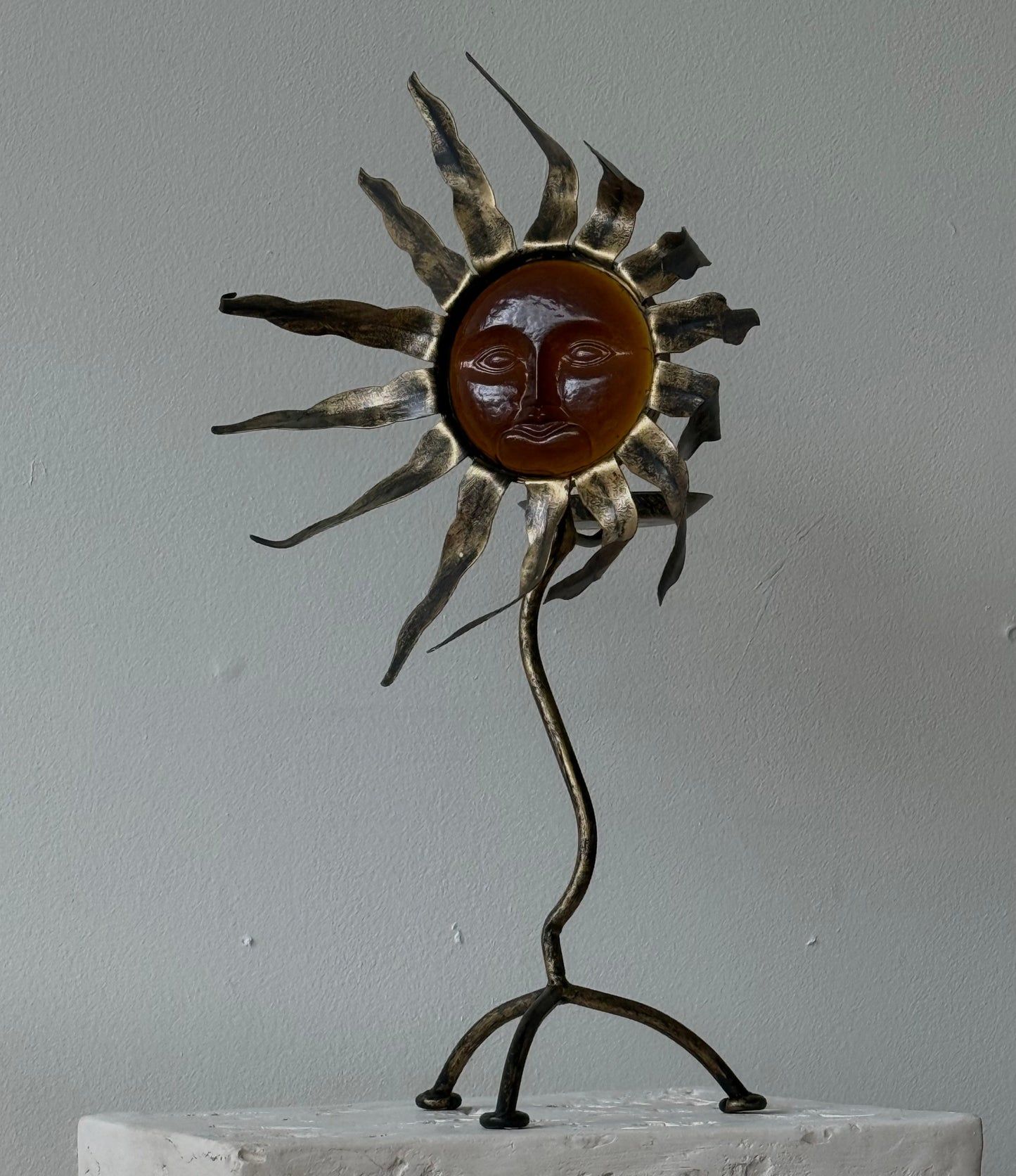 Vintage Amber Glass & Metal Sun Sculpture Candleholder