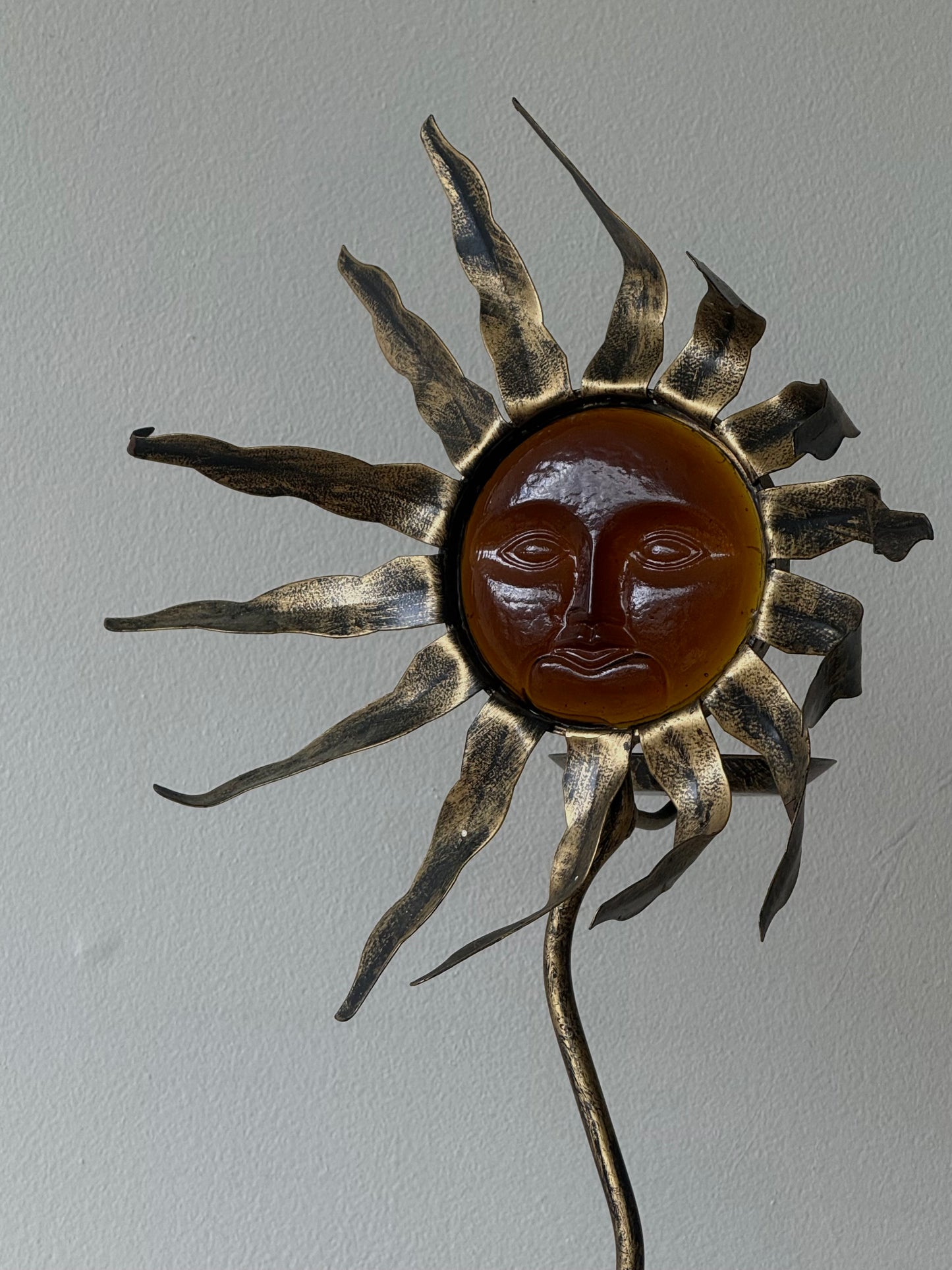 Vintage Amber Glass & Metal Sun Sculpture Candleholder