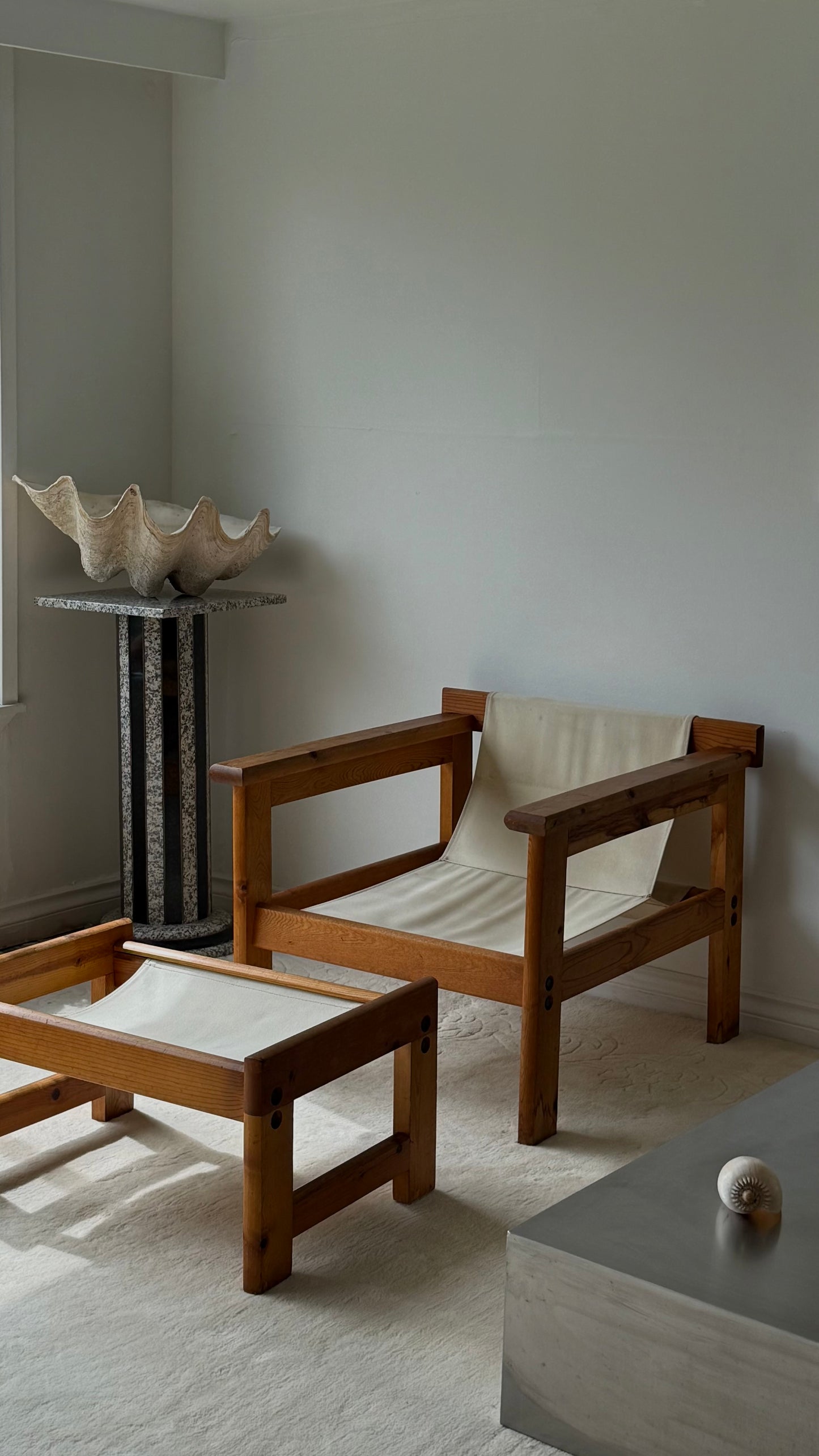 VINTAGE CANVAS & WOOD SLING CHAIR & OTTOMAN