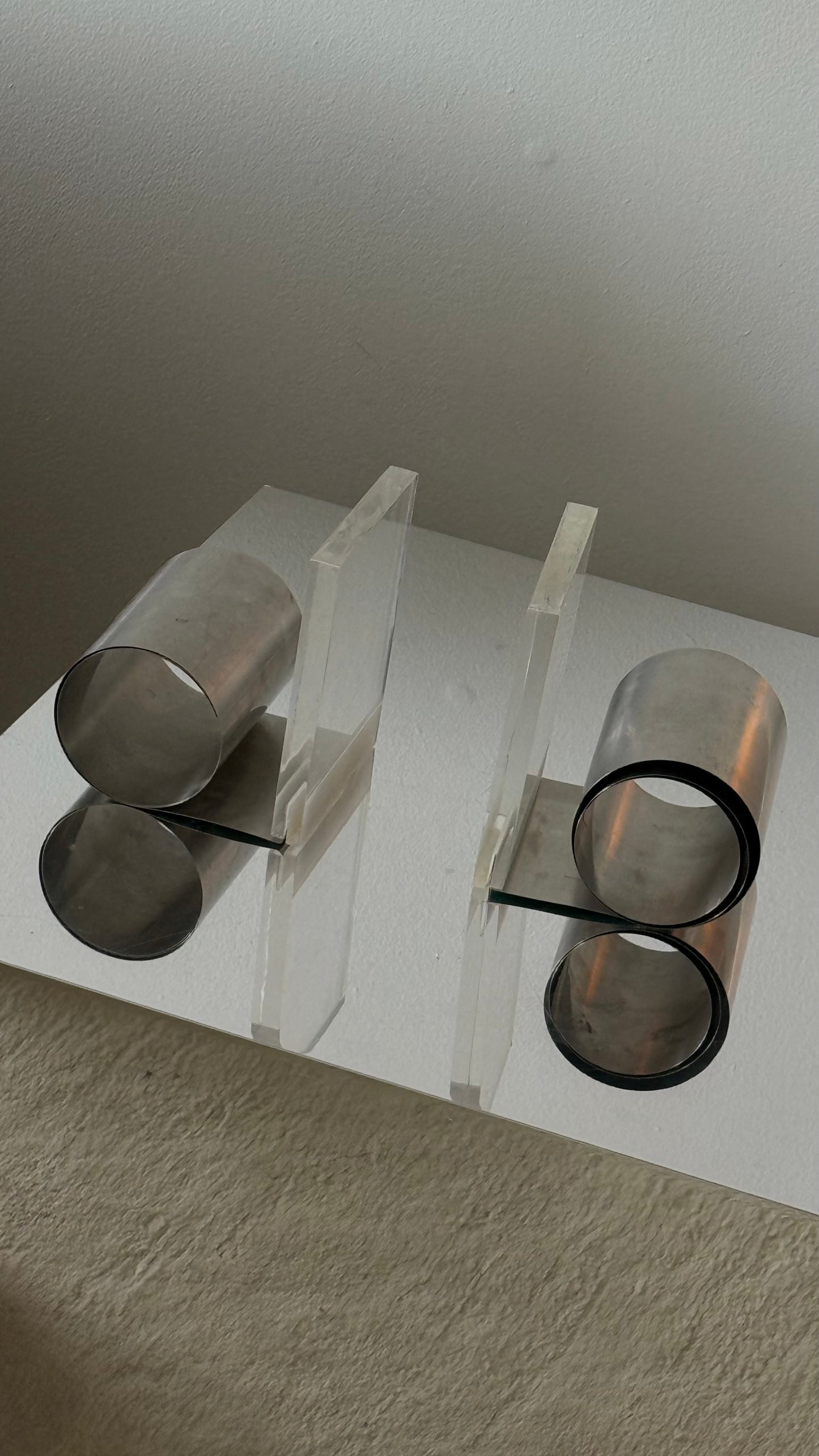 MCM LUCITE & STEEL BOOKENDS