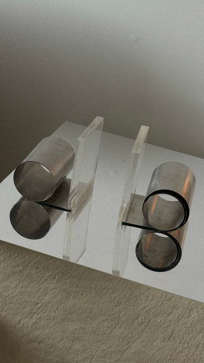 MCM LUCITE & STEEL BOOKENDS