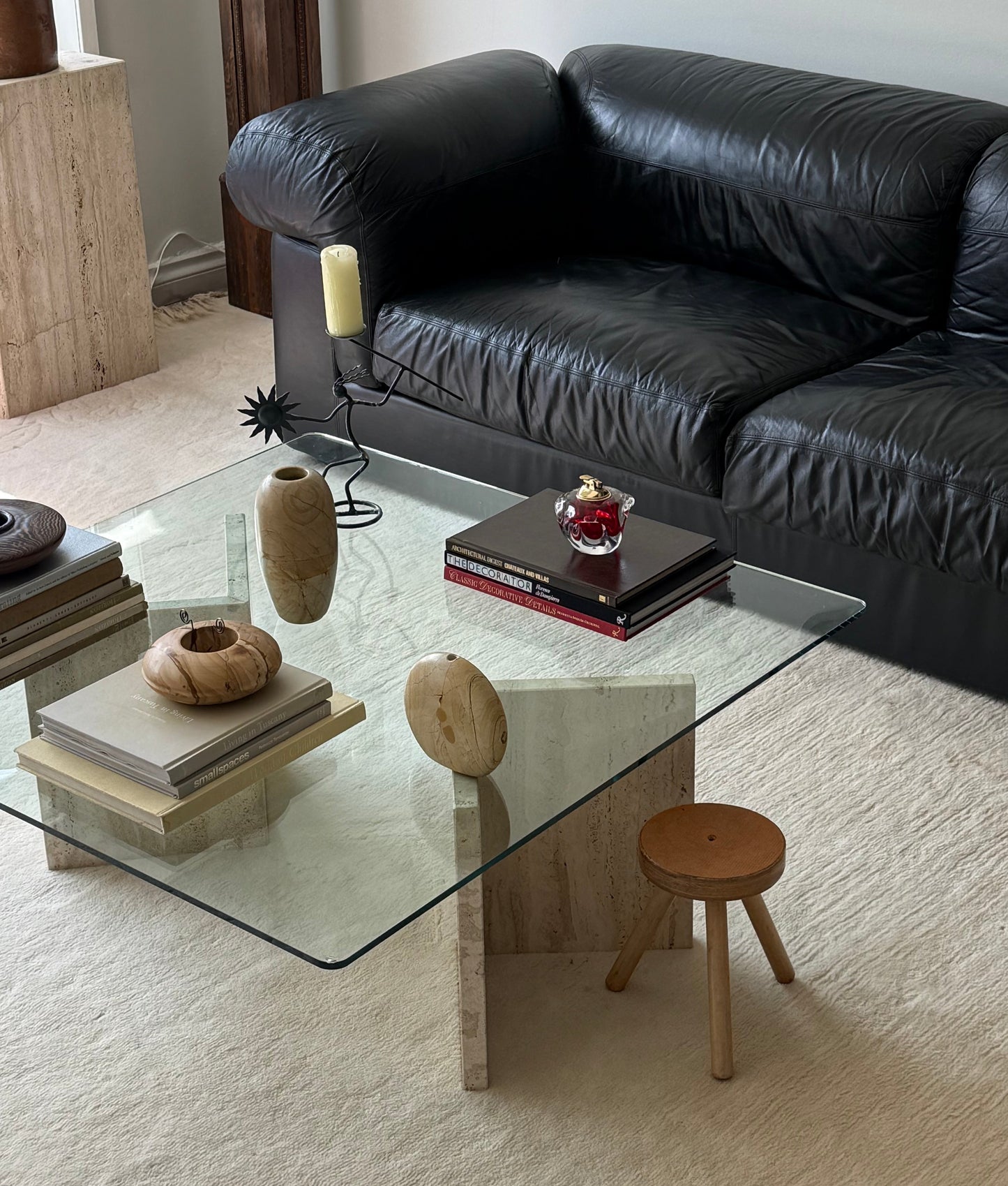 TRAVERTINE & GLASS COFFEE TABLE