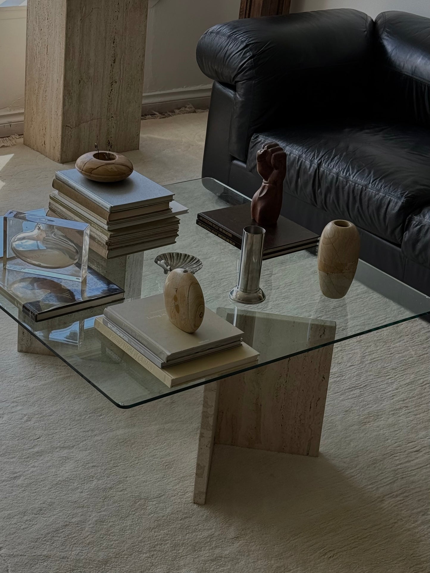 TRAVERTINE & GLASS COFFEE TABLE