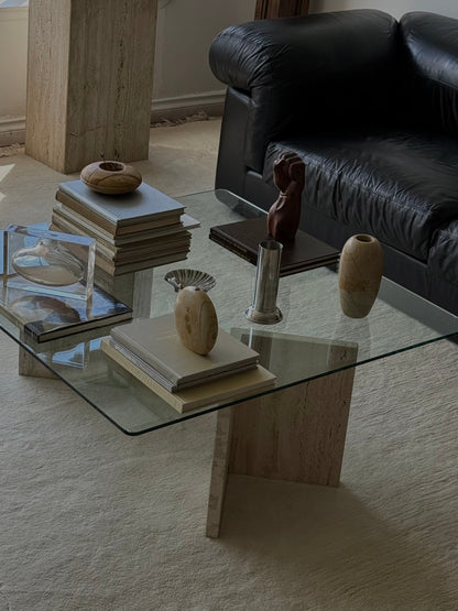 TRAVERTINE & GLASS COFFEE TABLE