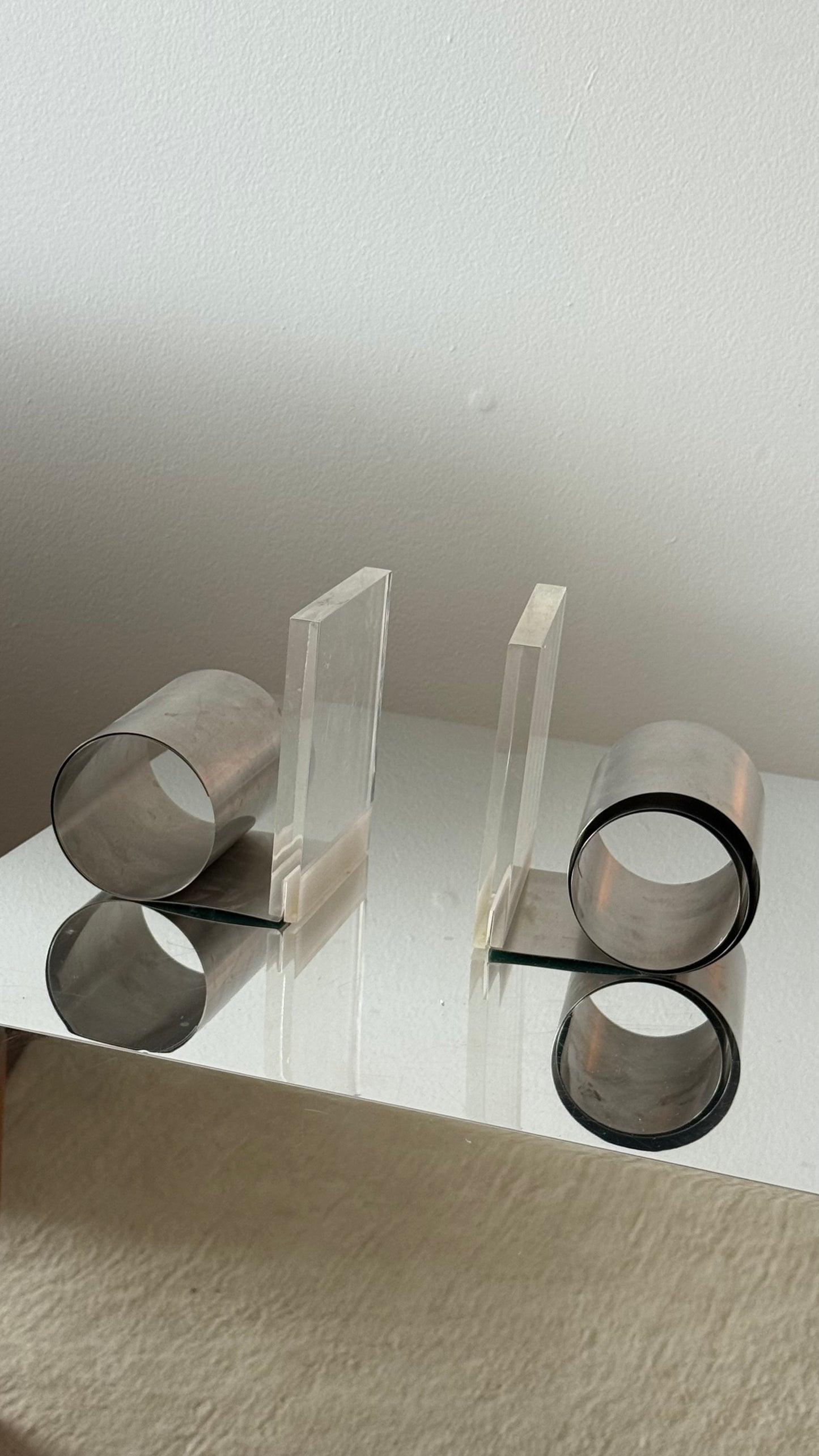 MCM LUCITE & STEEL BOOKENDS