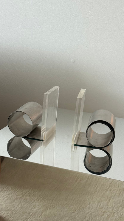 MCM LUCITE & STEEL BOOKENDS