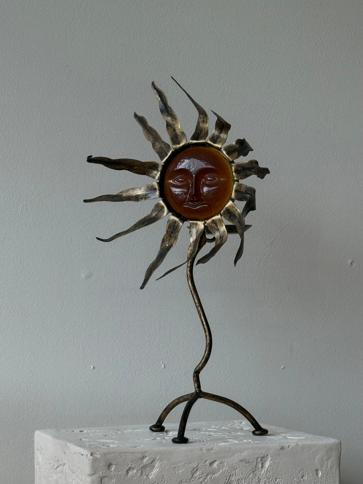 Vintage Amber Glass & Metal Sun Sculpture Candleholder